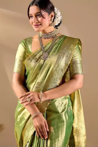 Lime silk blend woven design saree with blouse
