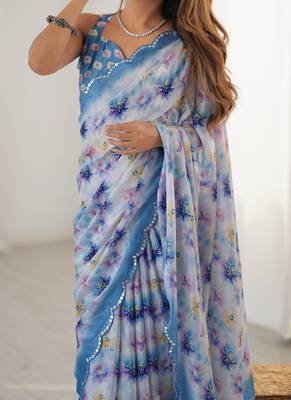 sky blue heavy chiffon mirror work saree 4