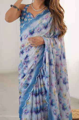 sky blue heavy chiffon mirror work saree