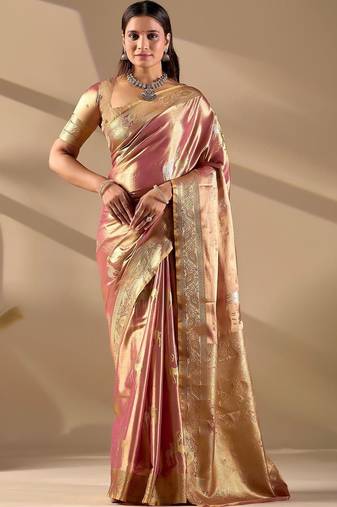 Pink silk blend woven design saree with blouse