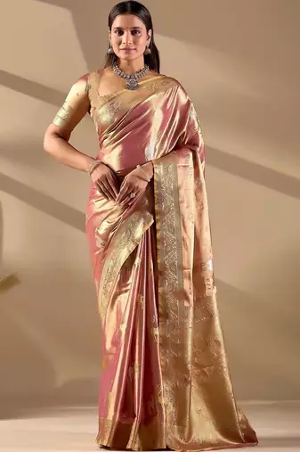 Pink silk blend woven design saree with blouse