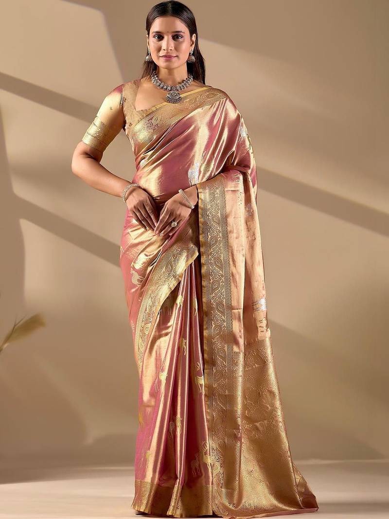 Pink silk blend woven design saree with blouse