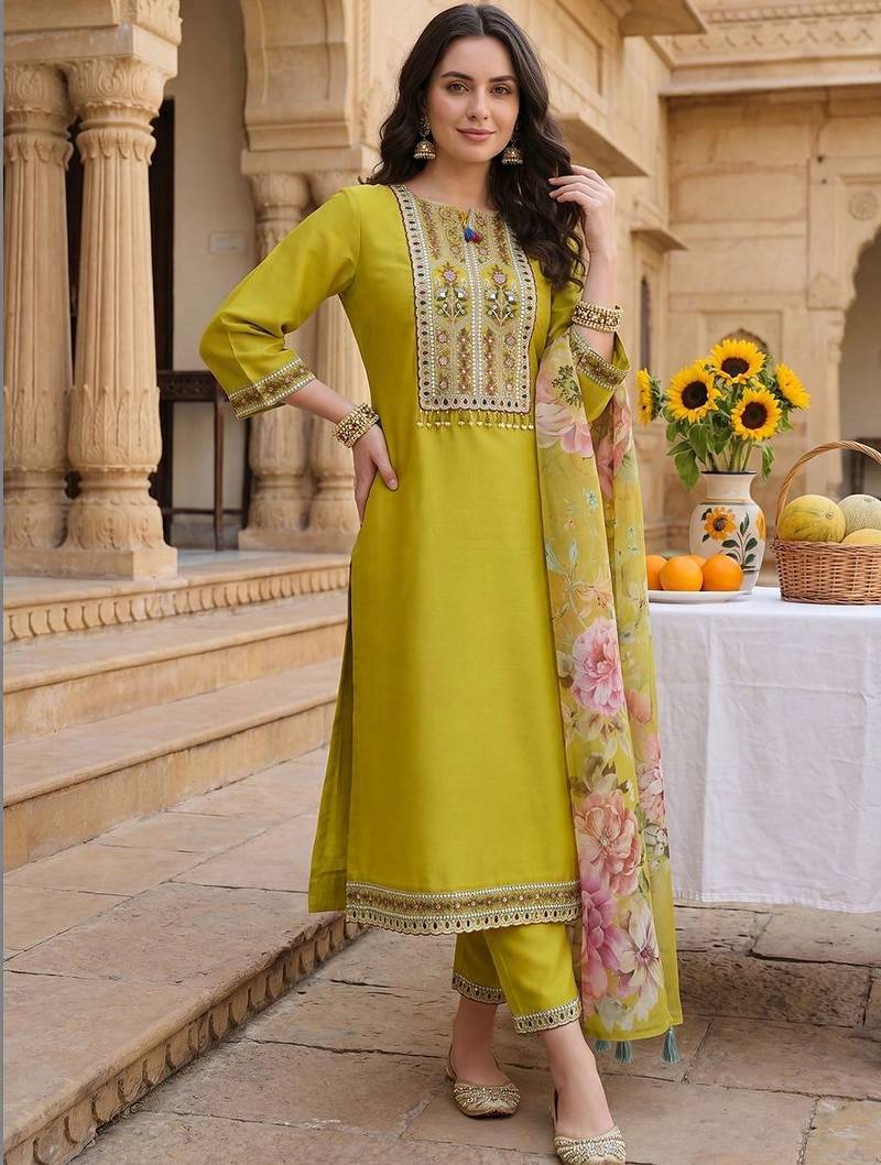 Women Ethnic Motifs Embroidered Panelled Sequinned Kurta with Trousers & With Dupatta