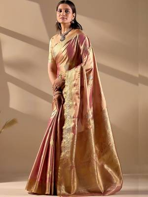 Pink silk blend woven design saree with blouse 2