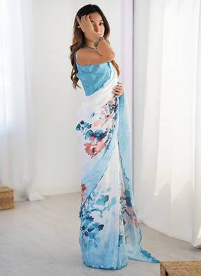 sky blue heavy chiffon mirror work saree 1