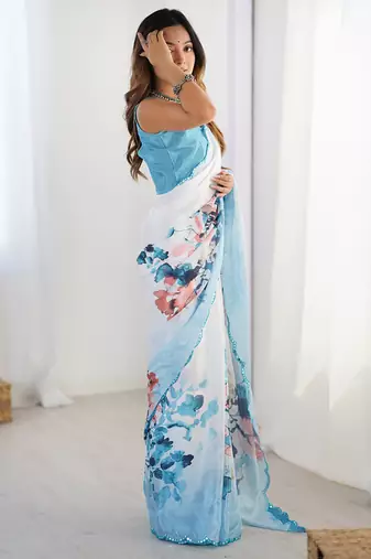 sky blue heavy chiffon mirror work saree