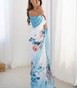 sky blue heavy chiffon mirror work saree