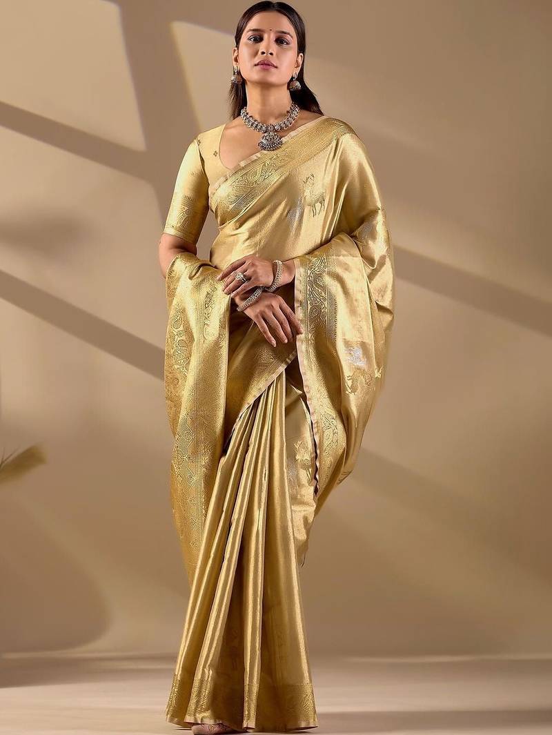 Gold silk blend woven design saree with blouse
