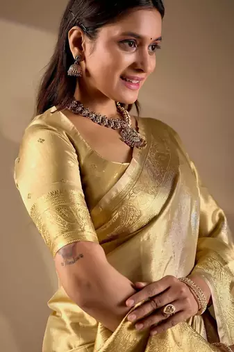 Gold silk blend woven design saree with blouse