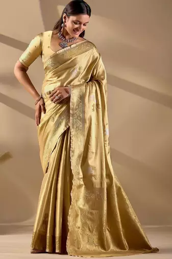 Gold silk blend woven design saree with blouse