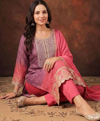 Women Bandhani Printed Regular Sequinned Kurta with Trousers & With Dupatta 1