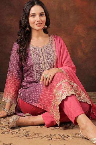 Women Bandhani Printed Regular Sequinned Kurta with Trousers & With Dupatta