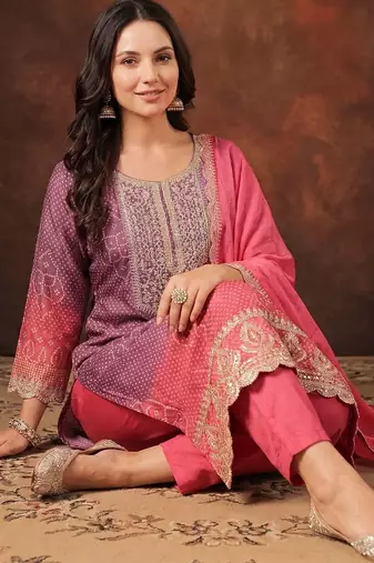 Women Bandhani Printed Regular Sequinned Kurta with Trousers & With Dupatta