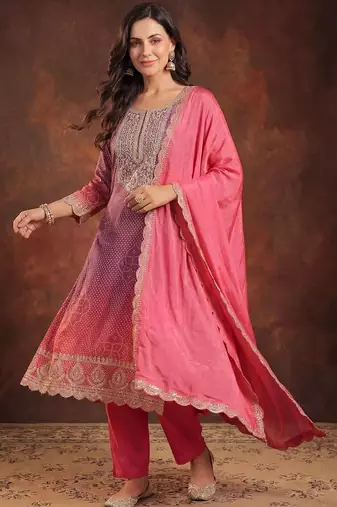 Women Bandhani Printed Regular Sequinned Kurta with Trousers & With Dupatta