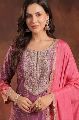 Women Bandhani Printed Regular Sequinned Kurta with Trousers & With Dupatta
