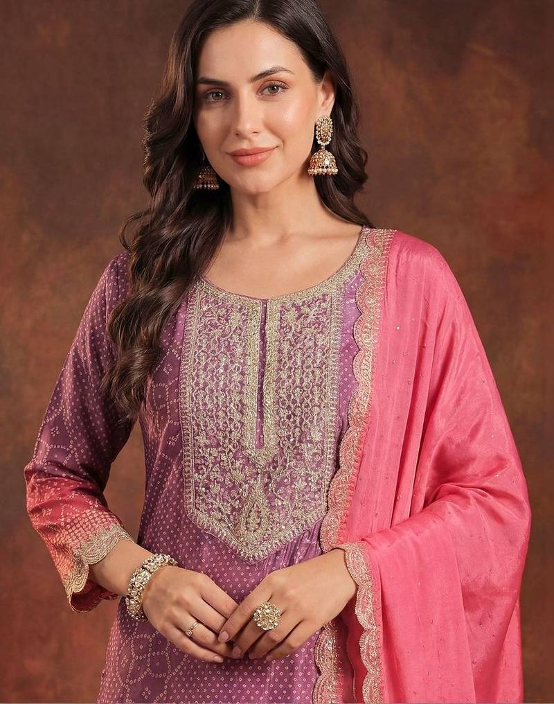 Women Bandhani Printed Regular Sequinned Kurta with Trousers & With Dupatta