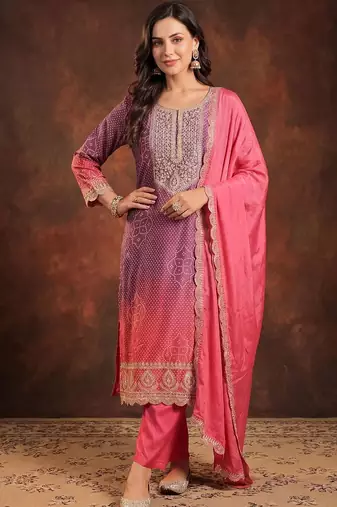 Women Bandhani Printed Regular Sequinned Kurta with Trousers & With Dupatta