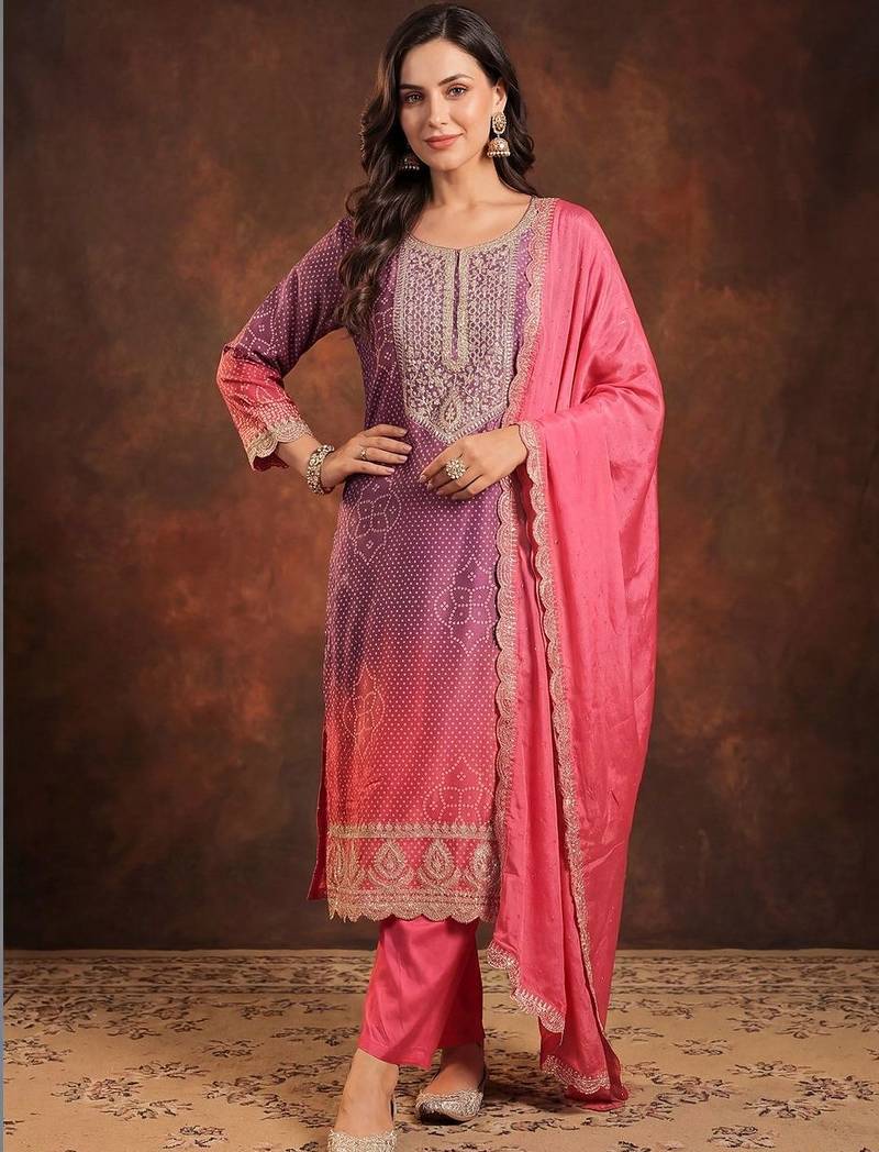 Women Bandhani Printed Regular Sequinned Kurta with Trousers & With Dupatta