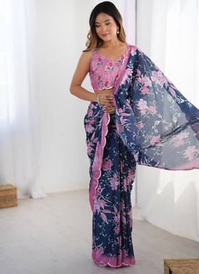 navy blue heavy chiffon mirror work saree 1