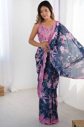 navy blue heavy chiffon mirror work saree