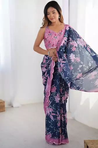 navy blue heavy chiffon mirror work saree
