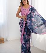 navy blue heavy chiffon mirror work saree