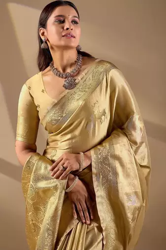 Gold silk blend woven design saree with blouse