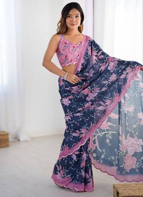 navy blue heavy chiffon mirror work saree 2