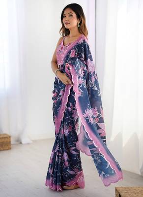 navy blue heavy chiffon mirror work saree 4