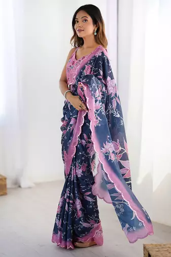 navy blue heavy chiffon mirror work saree