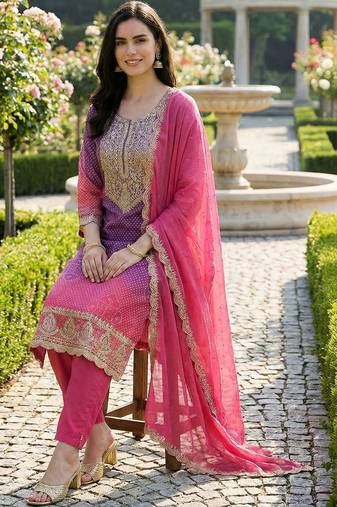 Women Ethnic Motifs Printed Regular Thread Work Kurta with Trousers & With Dupatta
