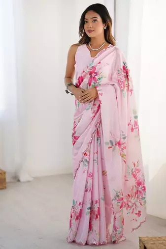 pink heavy chiffon mirror work saree