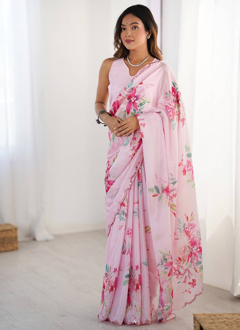 pink heavy chiffon mirror work saree
