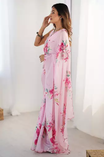 pink heavy chiffon mirror work saree