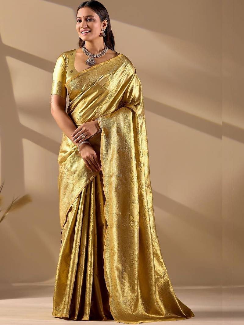 Gold silk blend woven design saree with blouse