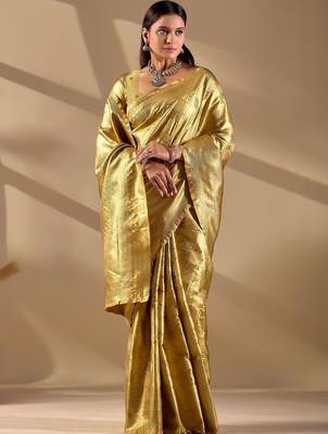 Gold silk blend woven design saree with blouse 2