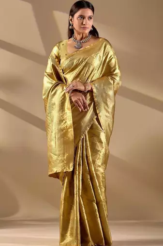 Gold silk blend woven design saree with blouse