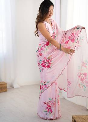 pink heavy chiffon mirror work saree 3