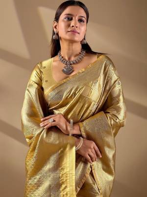 Gold silk blend woven design saree with blouse 4