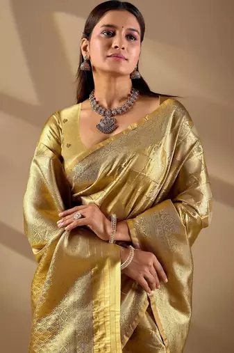 Gold silk blend woven design saree with blouse