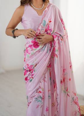 pink heavy chiffon mirror work saree 5