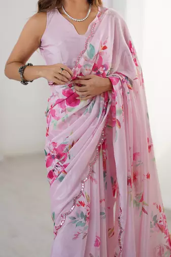 pink heavy chiffon mirror work saree