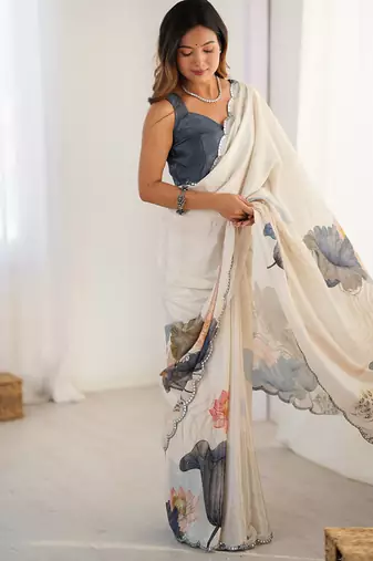 off white heavy chiffon mirror work saree