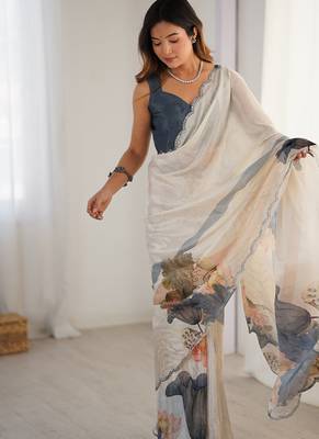 off white heavy chiffon mirror work saree 2