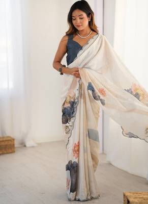 off white heavy chiffon mirror work saree 3