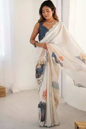 off white heavy chiffon mirror work saree