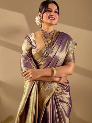 Purple silk blend woven design saree with blouse 3