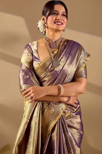 Purple silk blend woven design saree with blouse