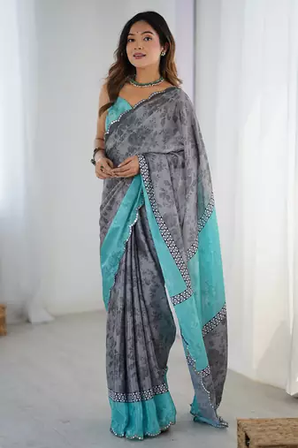 grey heavy chiffon mirror work saree