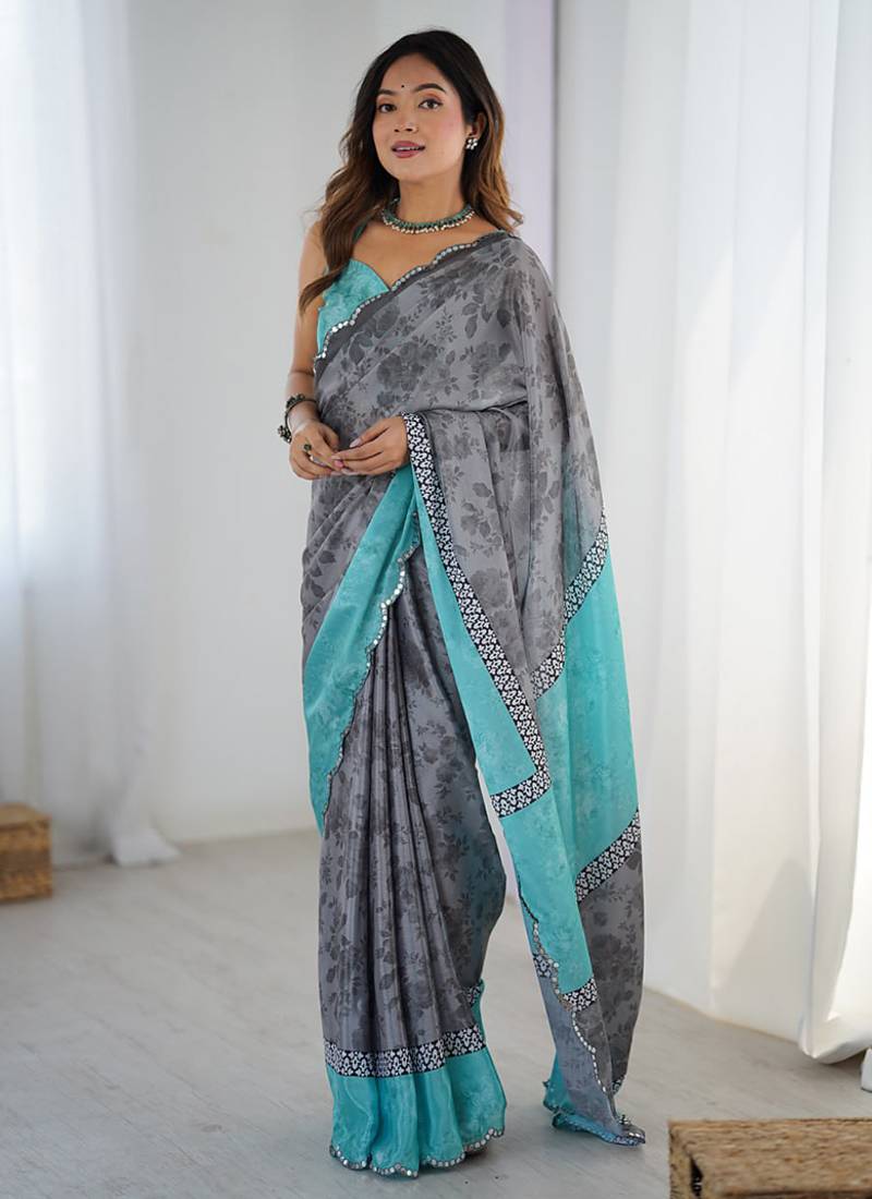 grey heavy chiffon mirror work saree